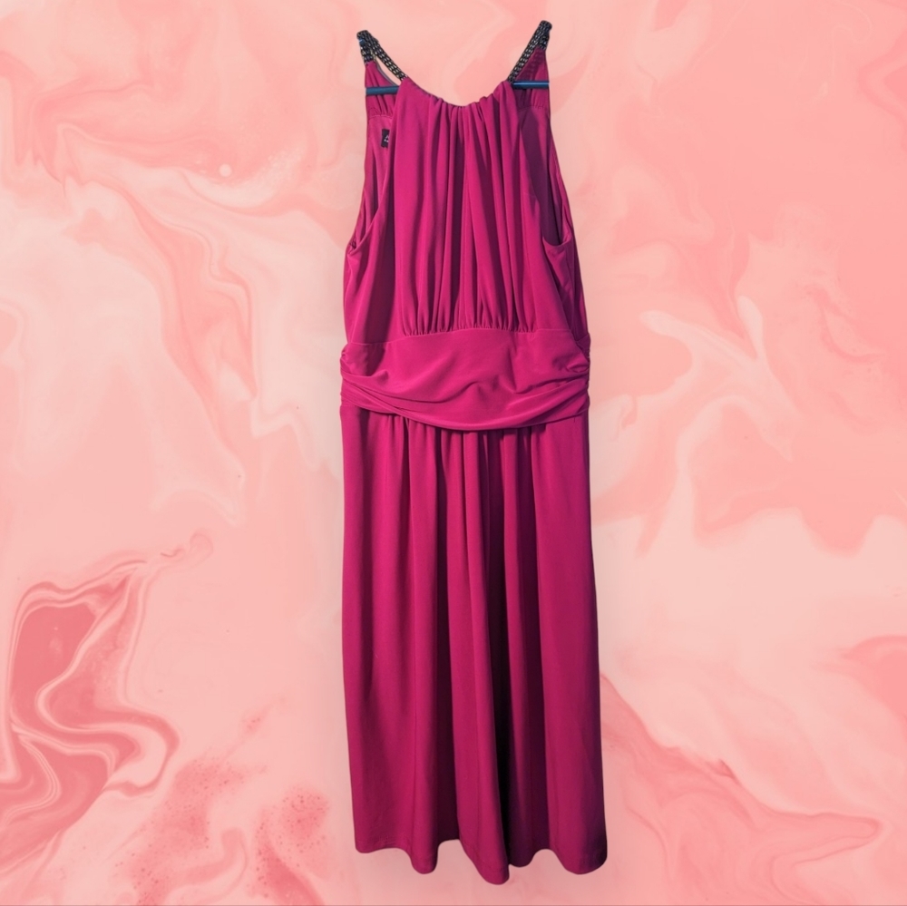 JONES New York Fuschia pink halter ruched dress gunmetal metallic hardware